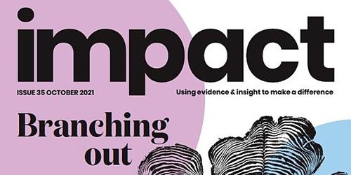 Impact October issue 2021 cover with the line 'branching out' and an outline of a tree